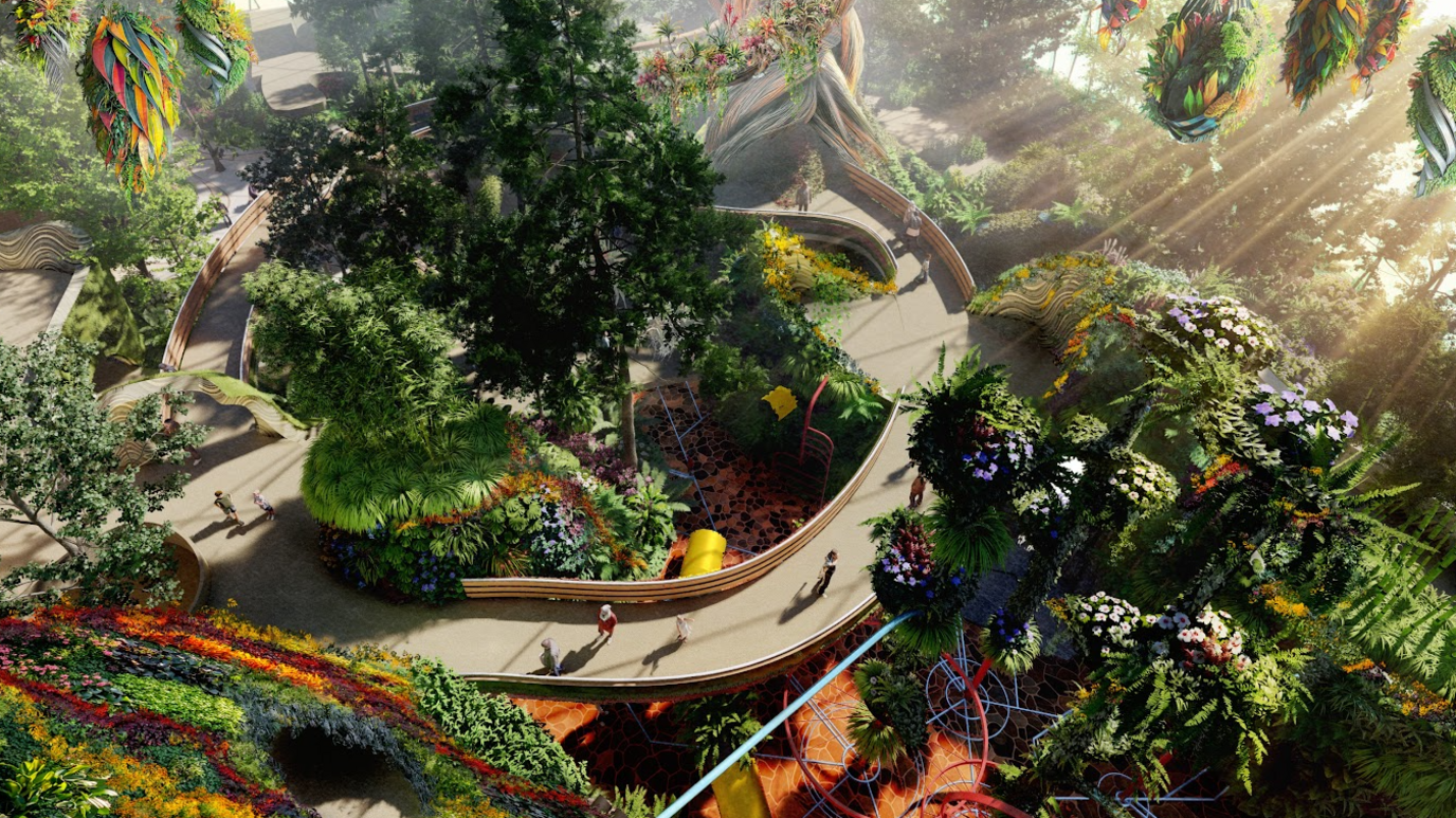 An aerial view of one of the Eden Project's walkways
