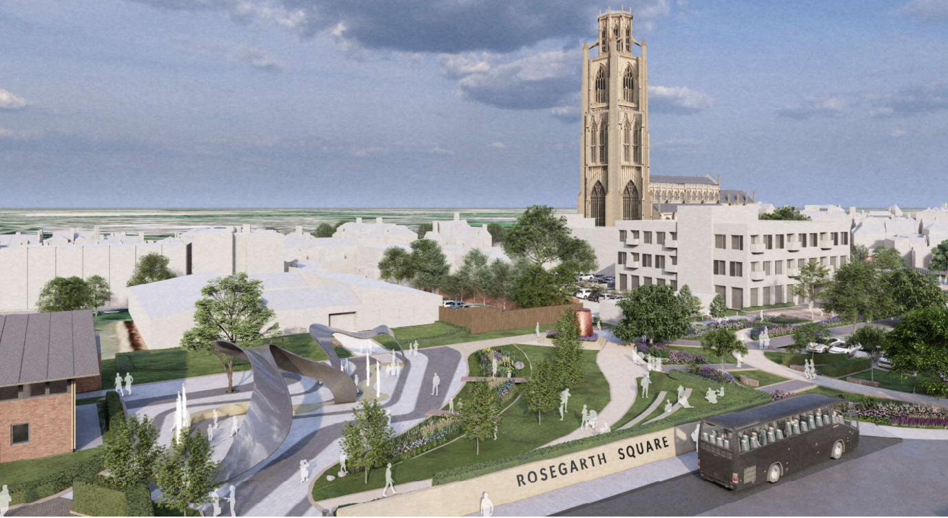 An artist's impression of the Rosegarth Square development in Boston featuring an aerial view of the plans. They include trees and large, modern sculptures.