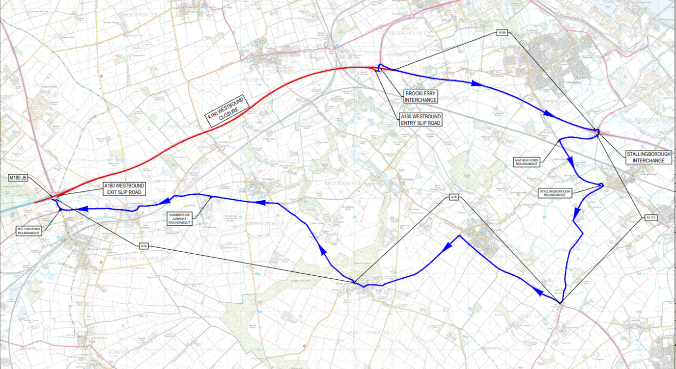 A National Highways map showing the diversion route while the westbound carriageway is closed overnight. A blue line illustrates the route motorists will need to take.