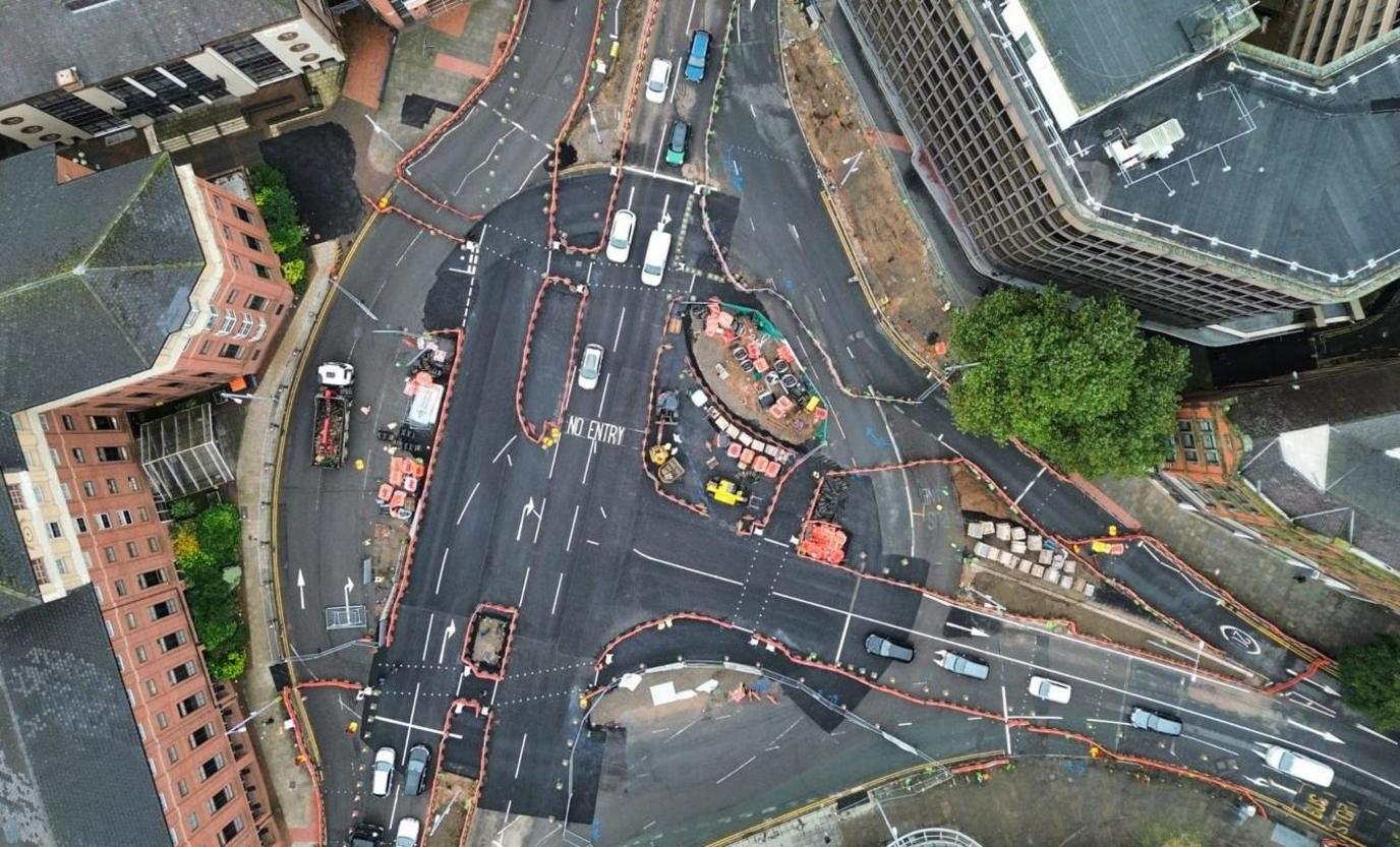 An aerial image of the new T-junction on Maid Marian Way