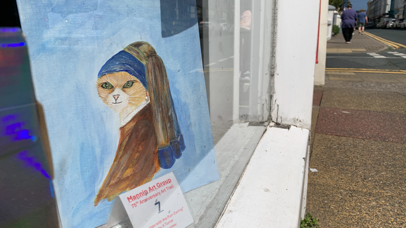 A version of the Girl With the Pearl Earring, with a cat's face - in a shop window.