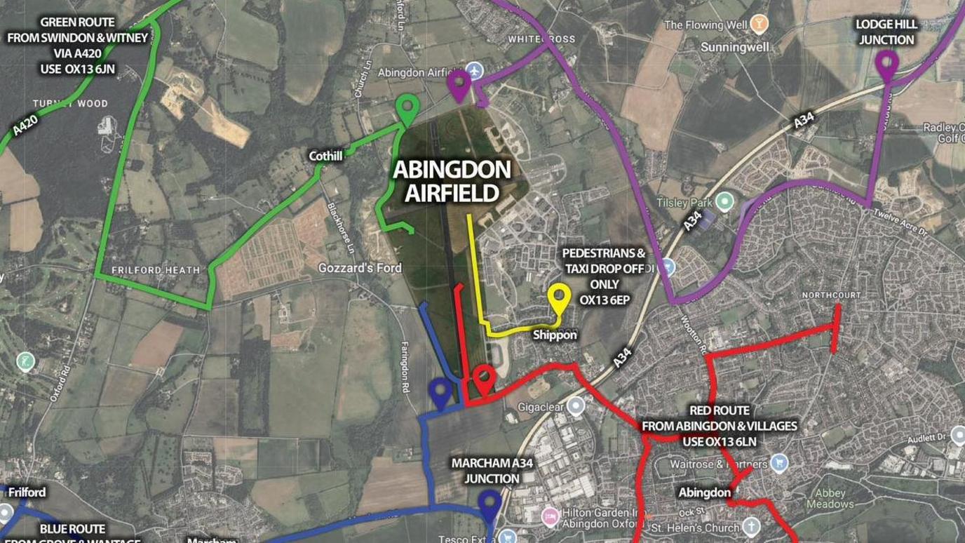 A Google map of the area surrounding Abingdon Airfield with different coloured routes to the venue marked