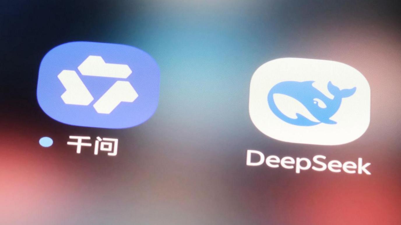 Three icons for AI apps. On the left is ChatGPT. In the middle is Qwen, written in two Chinese characters. On the right is DeepSeek.