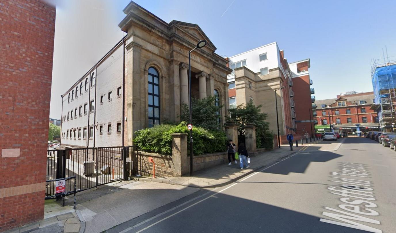 Side view of Mount Zion Chapel on Westfield Terrace in Sheffield City Centre, looking uphill from Division Street towards West Street