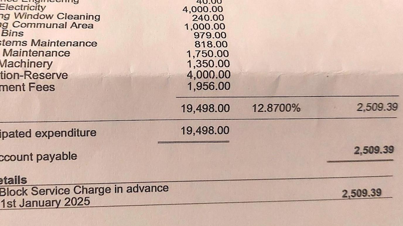 A bill showing a service charge of £2509.39 being due