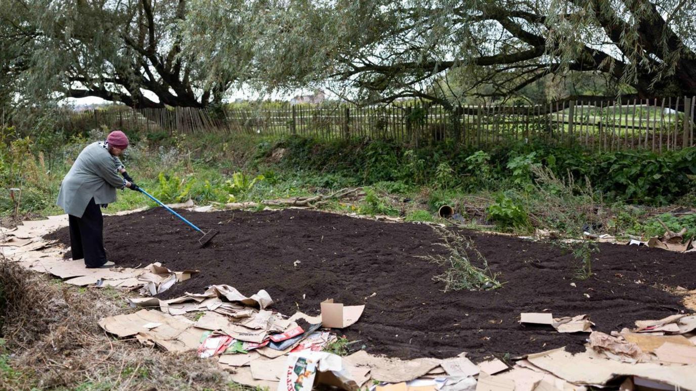 A woman hold a rake over a patch of soil dumped on top of a pile of cardboard boxes.