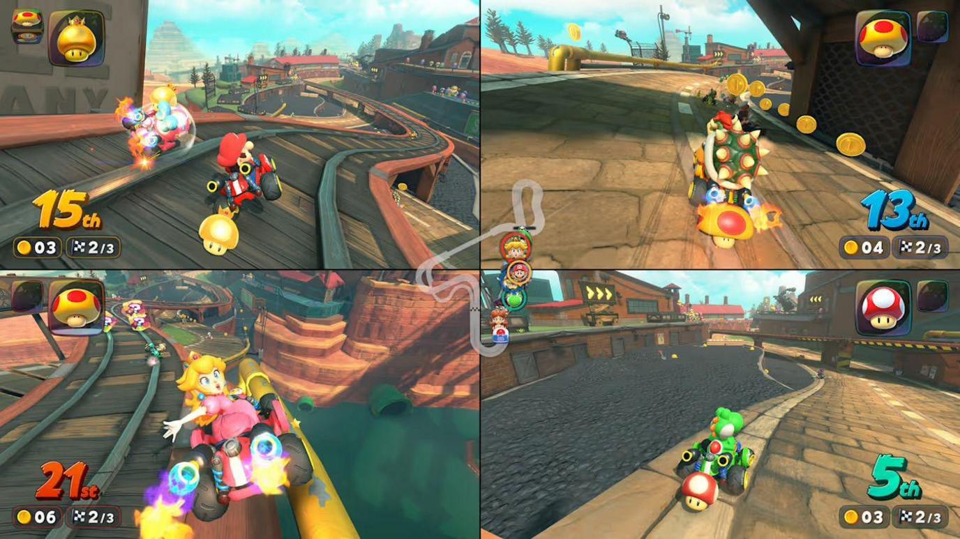 a four player screen playing Mario kart world, top left is playing as Mario, top right as bowser, bottom left as princess peach and bottom left as Yoshi.