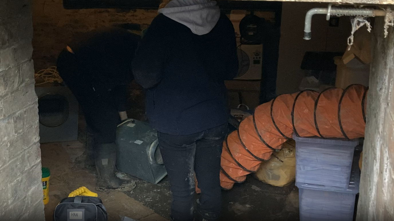 Two people are standing in a cellar. there is an orange extraction tube coming from the wall, and extraction fans on the floor.