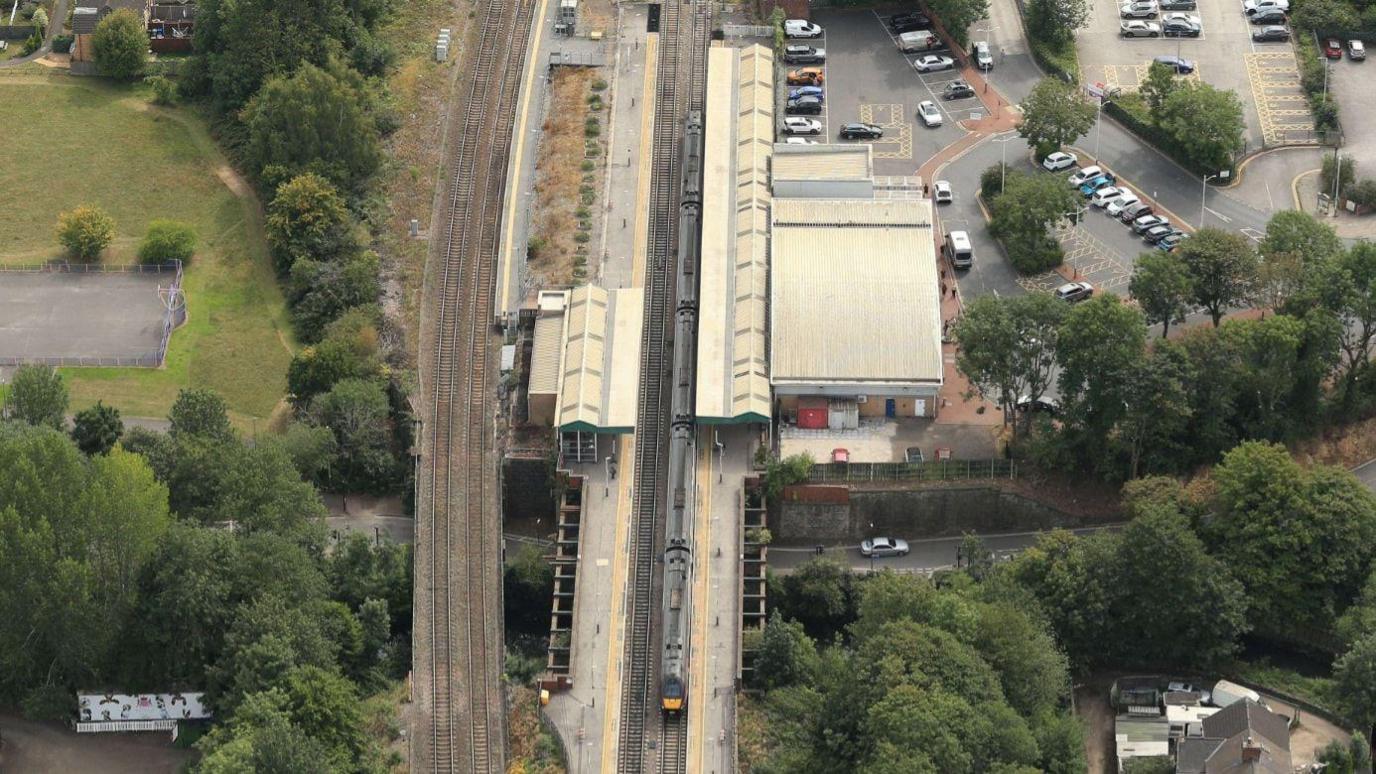 Bird's eye image of Chesterfield Railway Station with a track running through the middle