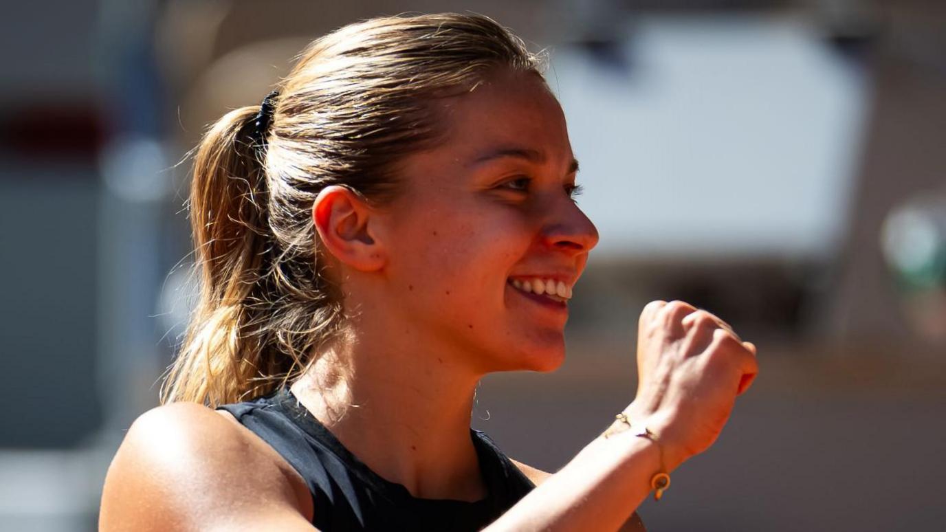 Maja Chwalinska celebrates reaching the French Open quarter-finals