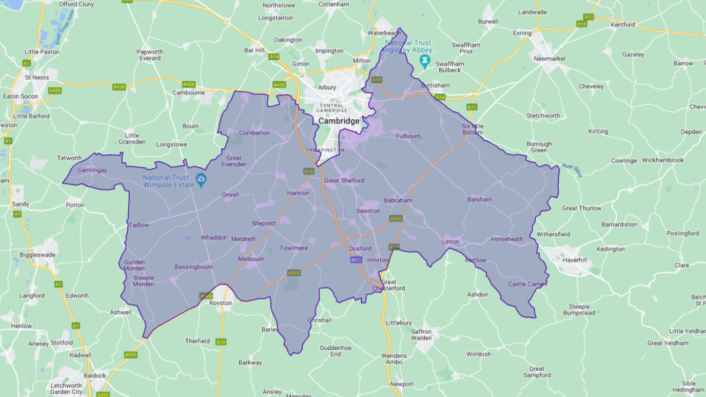 A map showing the South Cambridgeshire constituency, with Gamlingay in the west and Castle Camps in the east