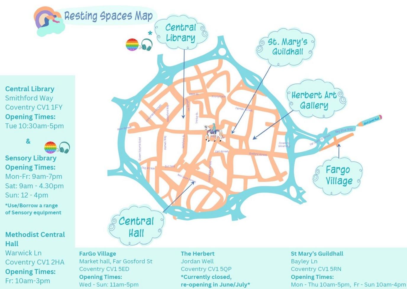 A map of Coventry pointing out the resting space locations around the city including the Central Library, St Mary's Guildhall, Herbert Art Gallery, Fargo Village, and Central Hall.