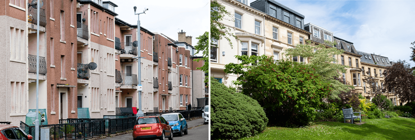 Side-by-side images comparing Liz's flat to a nearby area with more trees