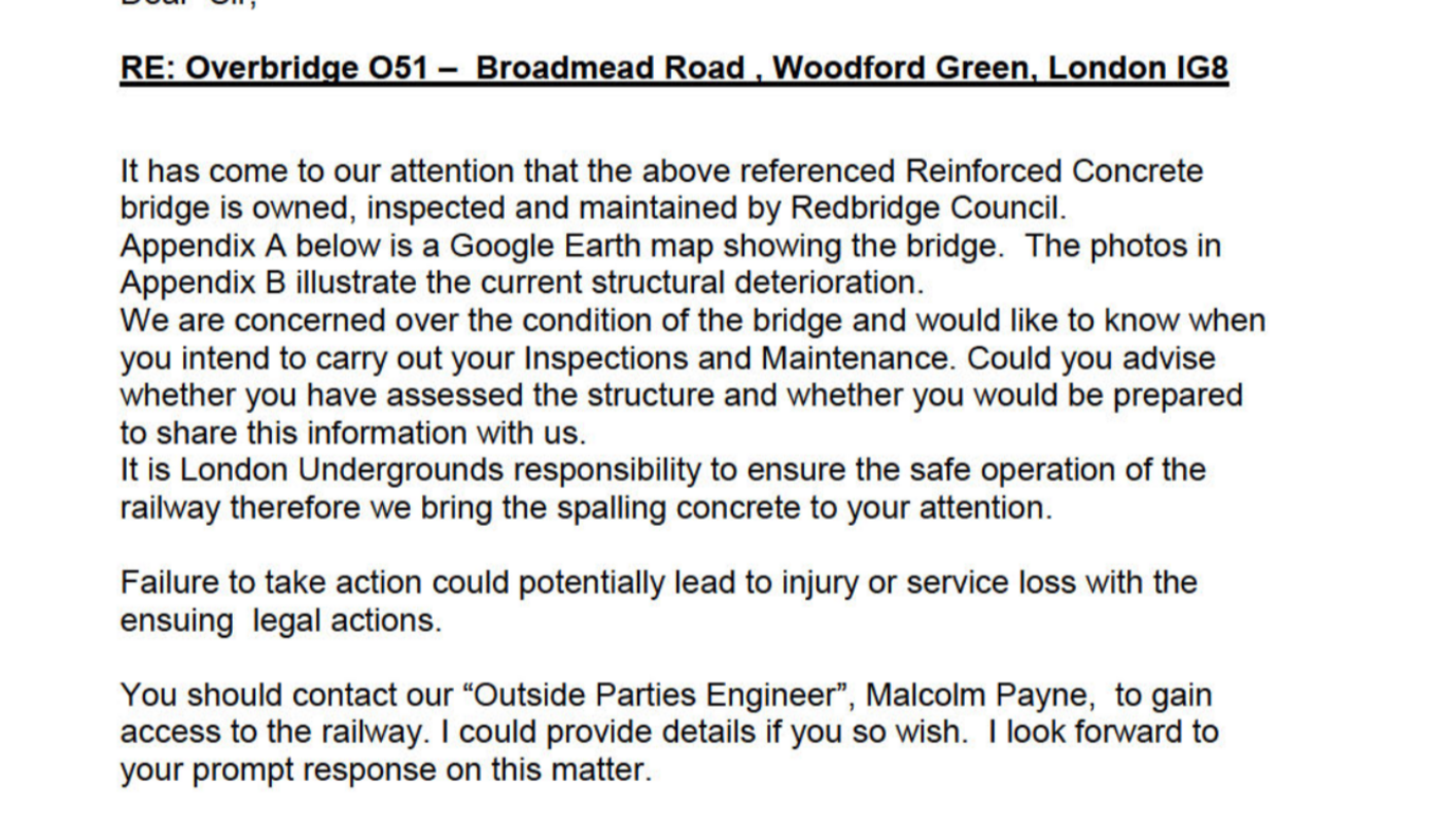 A letter from Transport for London to Redbridge Council in 2014, warning about the bridge