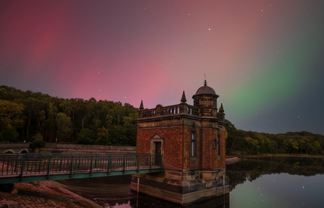 Pink and green skies over Swithland Reservoir in Leicestershire