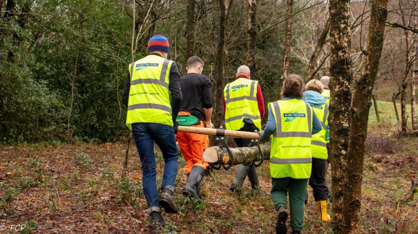 A group of six people wearing hi-vis jackets and carrying a chopped-down tree trunk through a woodland.