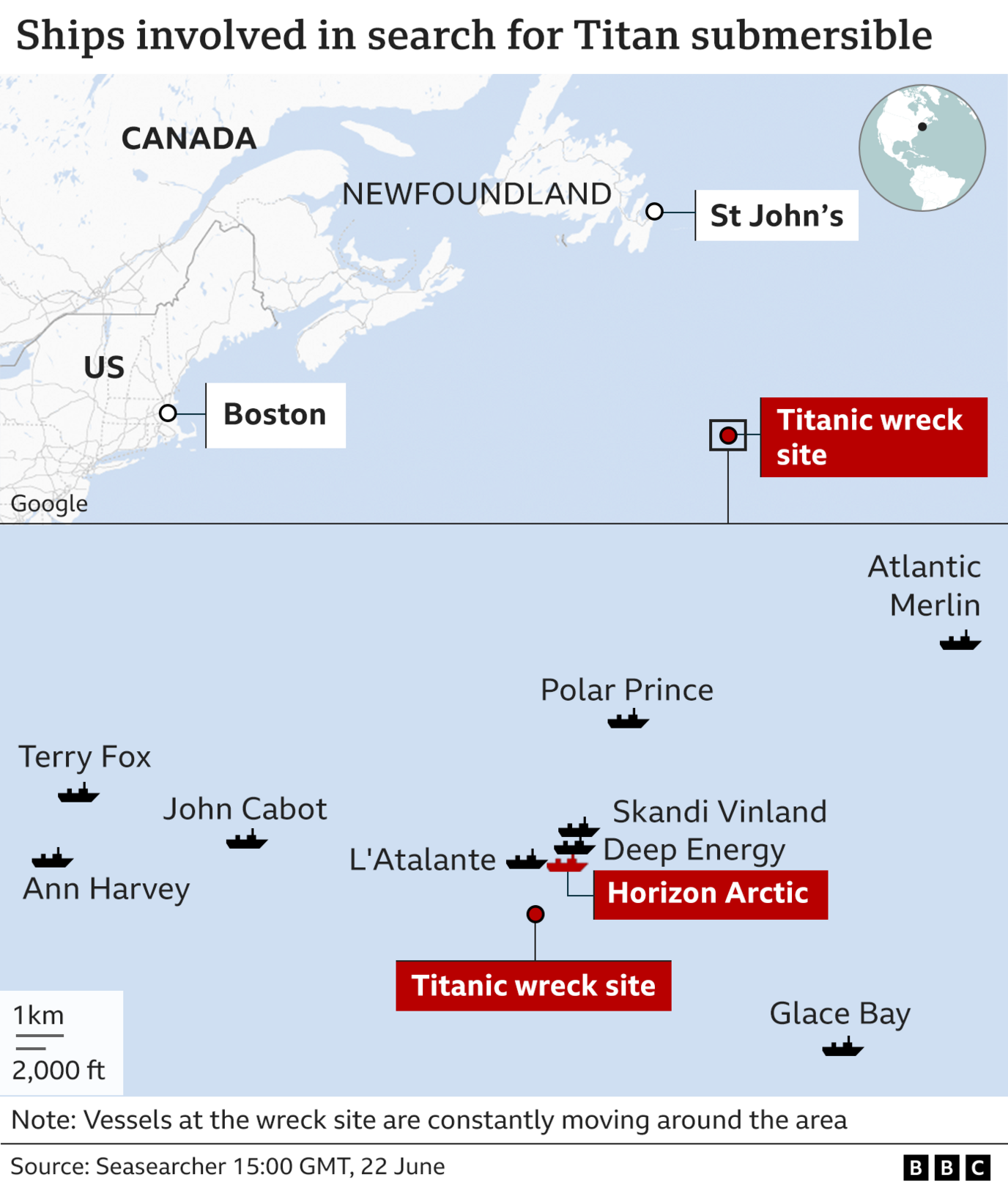 Map showing location of the Titanic wreck site in relation to Newfoundland and St John's and some of the ships being used in the search, including the Horizon Arctic