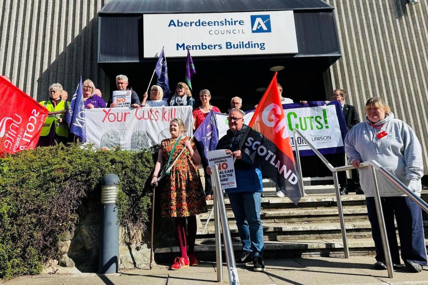 Protestors outside Aberdeenshire Council building.