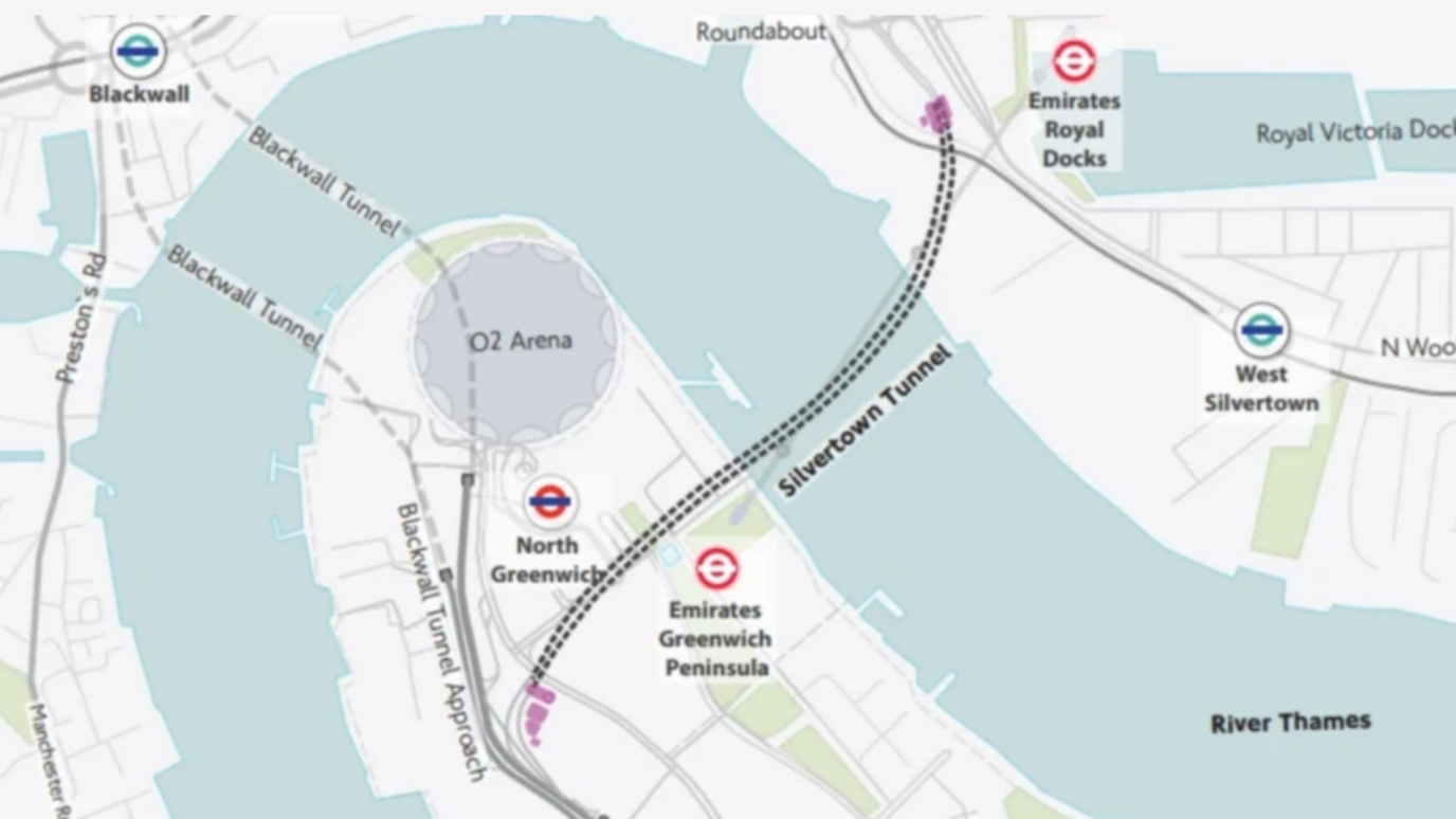 A colour map showing the route of the Silvertown tunnel with a bold, black dotted line across the Thames