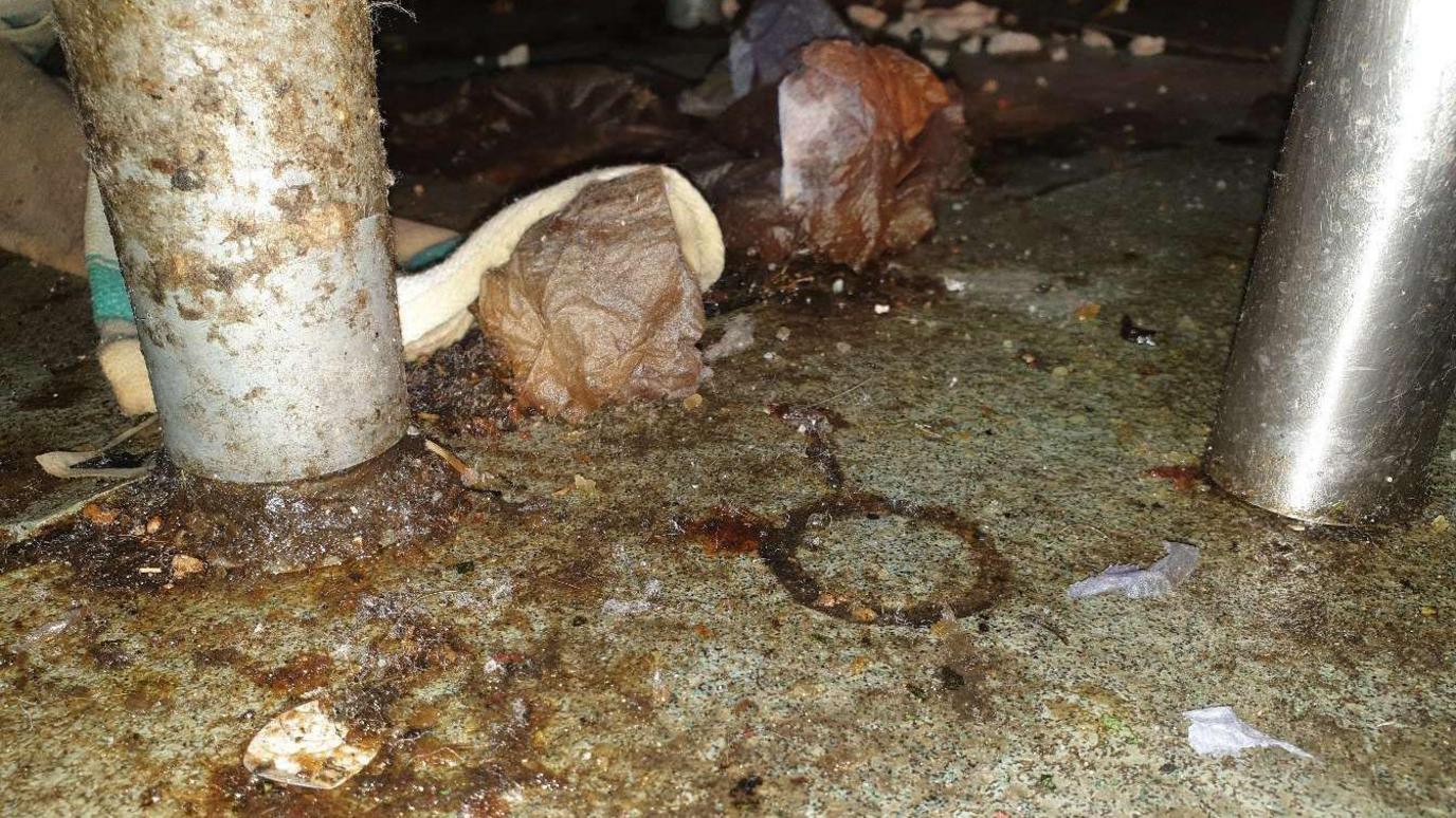 A disgusting and dirty floor surface.