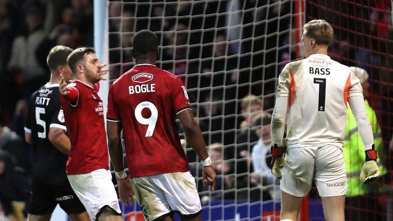 Crewe Alexandra's players celebrate the second goal against Notts County