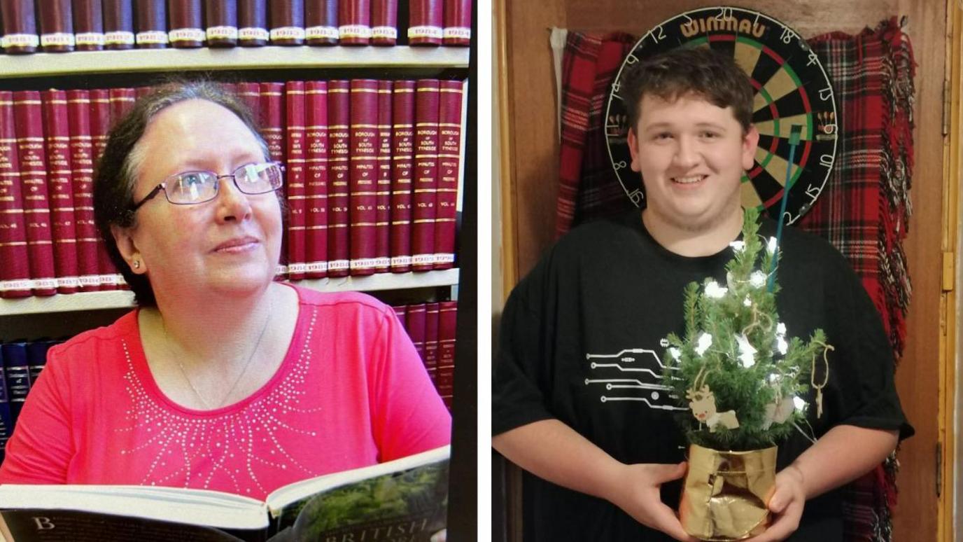 Middle-aged woman in a fuchsia top in front of a bookcase and younger man in dark T-shirt in front of a dartboard