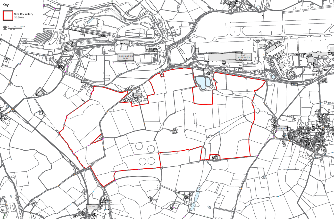 A black and white map with a red outline showing the areas of farmland that form the Isley Woodhouse scheme and nearby villages and other landmarks such as Donington Park and the airport
