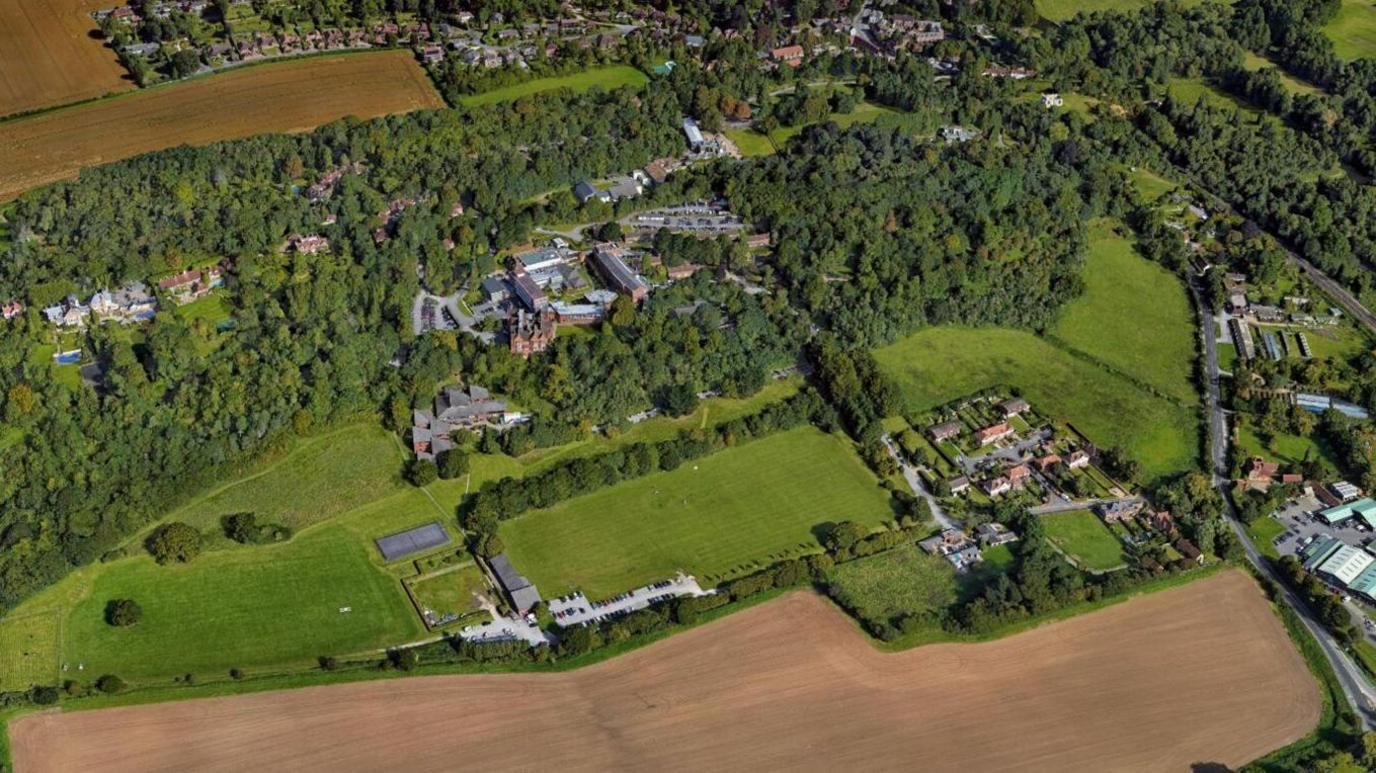 The current Mount Browne site pictured from the air, surrounded by green fields. 