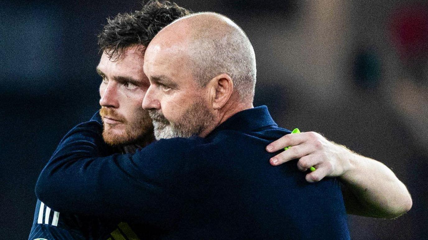 Scotland Head Coach Steve Clarke and Andy Robertson during a 2024 UEFA European Football Championship Group A match between Scotland and Hungary at the Stuttgart Arena
