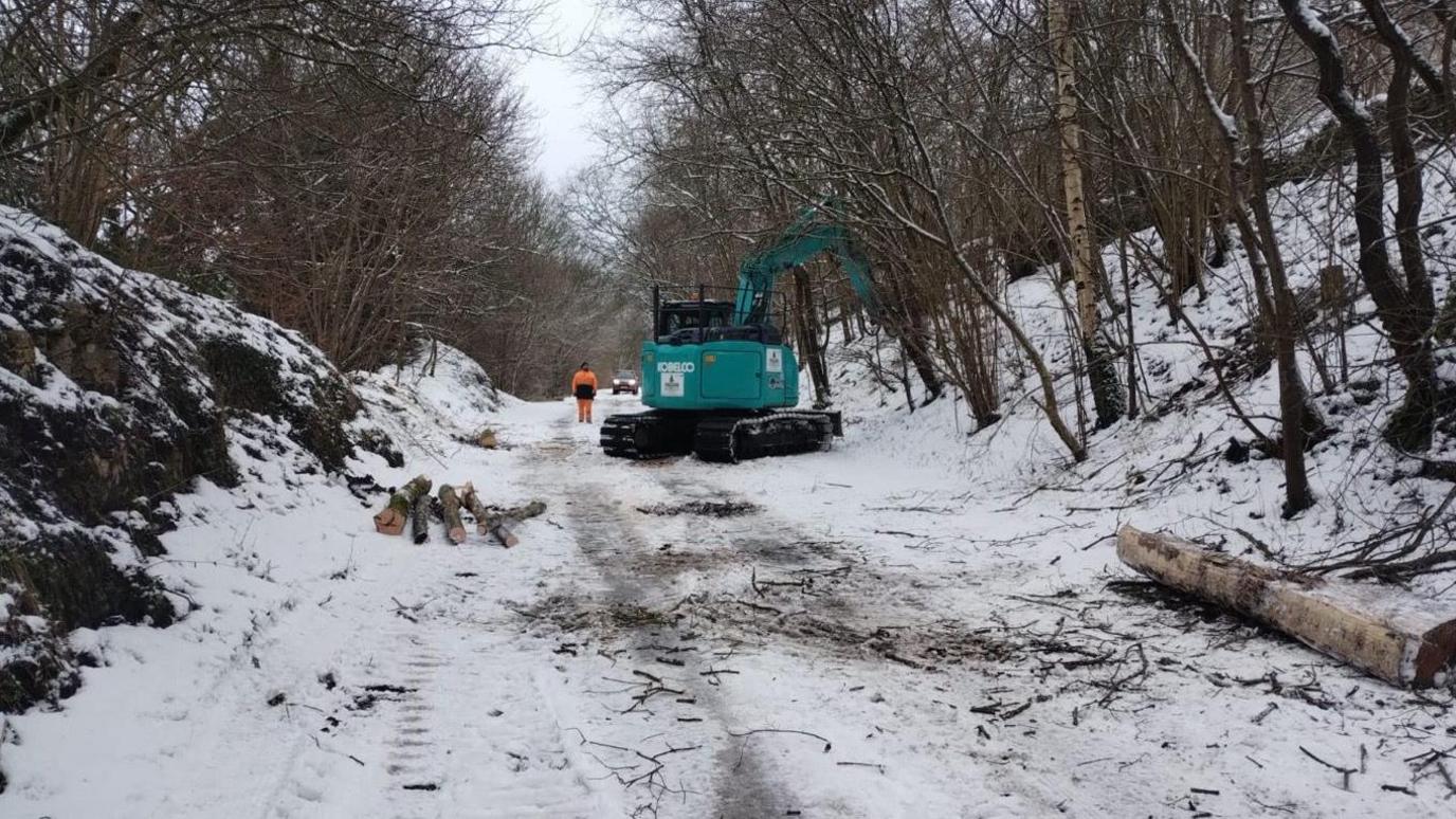 Machinery on the Monsal Trail where tree felling is taking place 