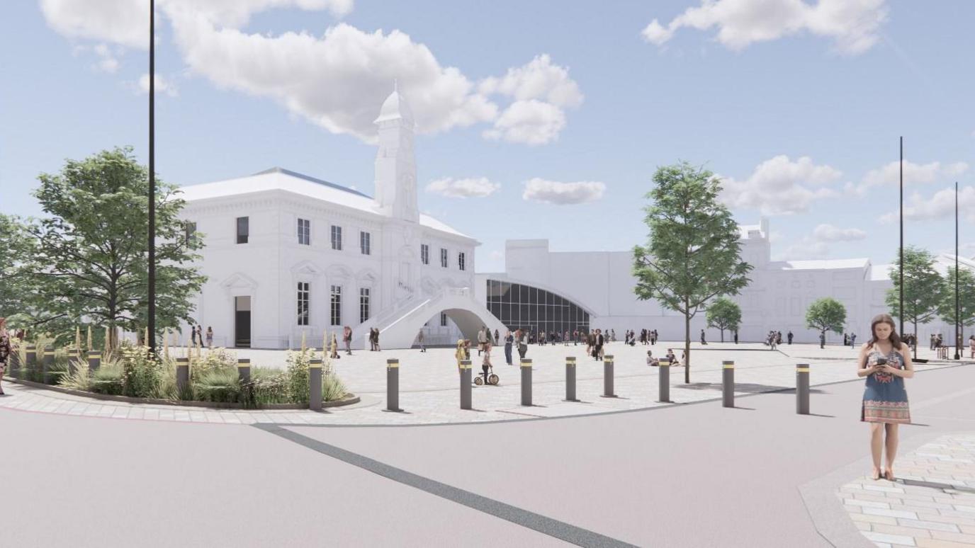 An artists impression of the new look Leicester Market with people milling in the open spaces outside a white building