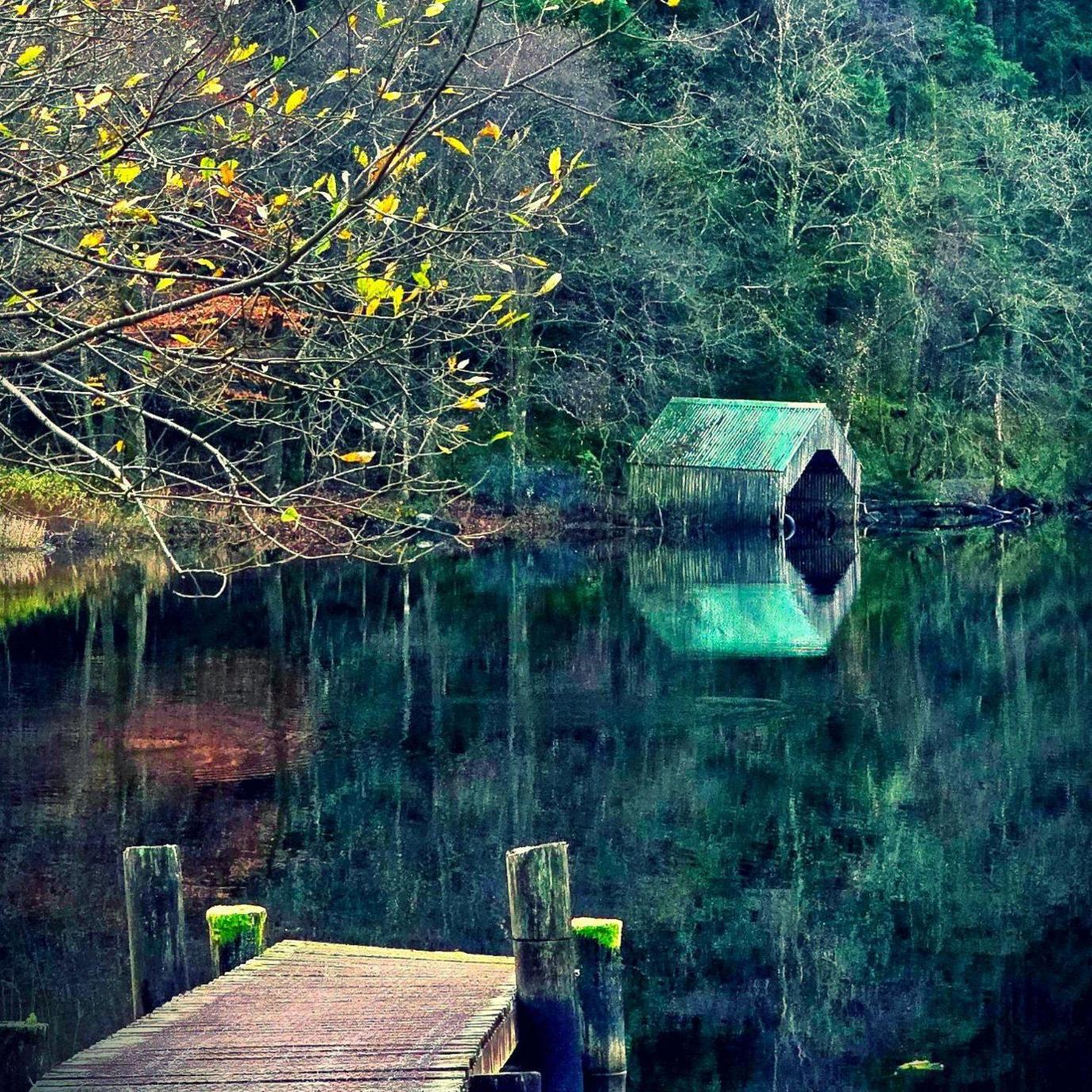 A boathouse, its wall and roof covered in green moss and lichen, reflected in  water. There is a small wooden pier.