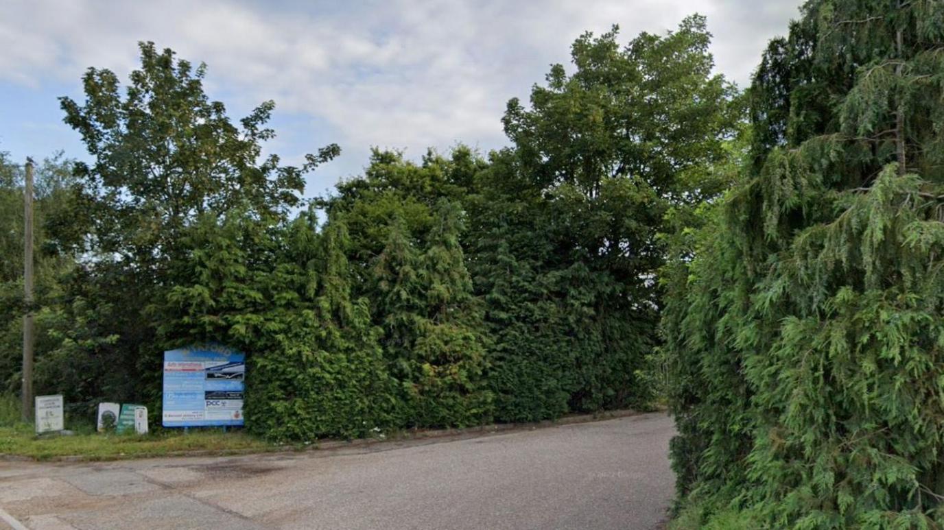 Wynford Industrial Park entrance - a road with two hedges either side and a board which says Wynford Industrial Park 