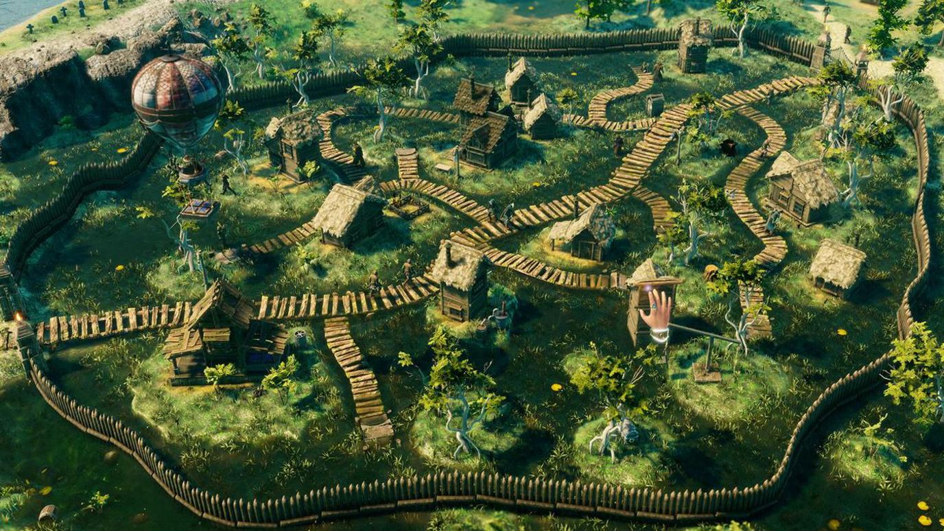 An in-game screenshot of Masters of Albion. We see a virds eye view of a town in the green countryside, with a barrier built around it. A hand cursor is hovering over the scene.