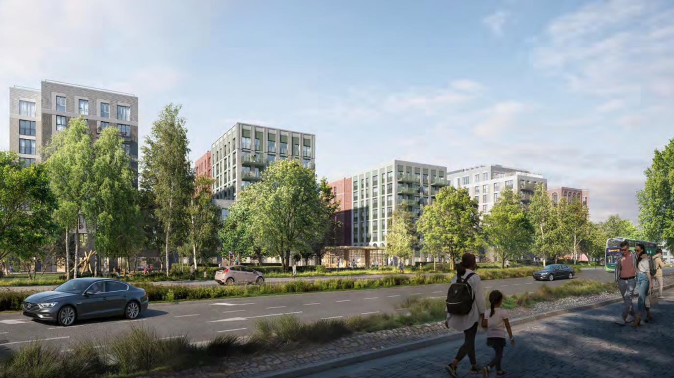 An artistic impression of four tower blocks of flats, side by side and viewed from across a street. The frontage of each block is a green/grey colour and they are covered in windows. The lower floors are obscured by a row of trees on the roadside. Cars pass left to right and right to left on the road, with a woman and child and woman and man walking on the near pavement, to the right of the image