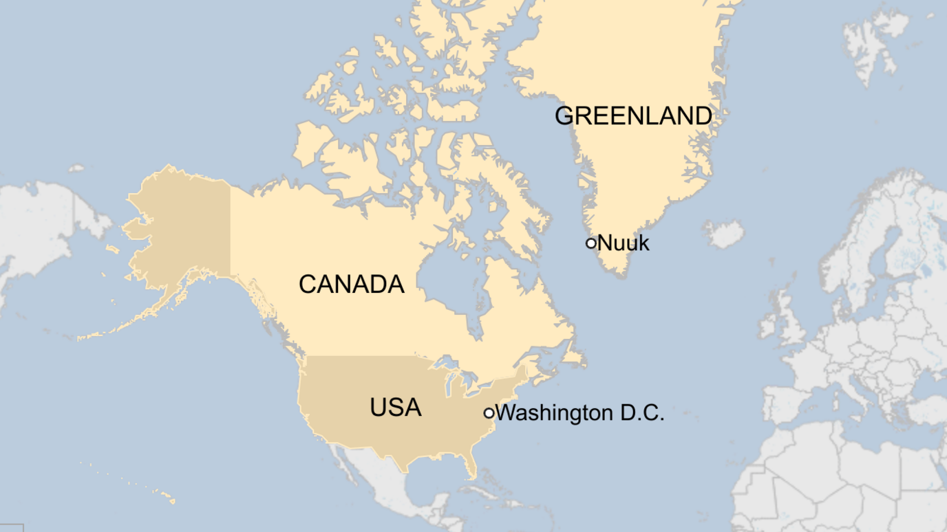 A map showing Greenland, the US and Canada