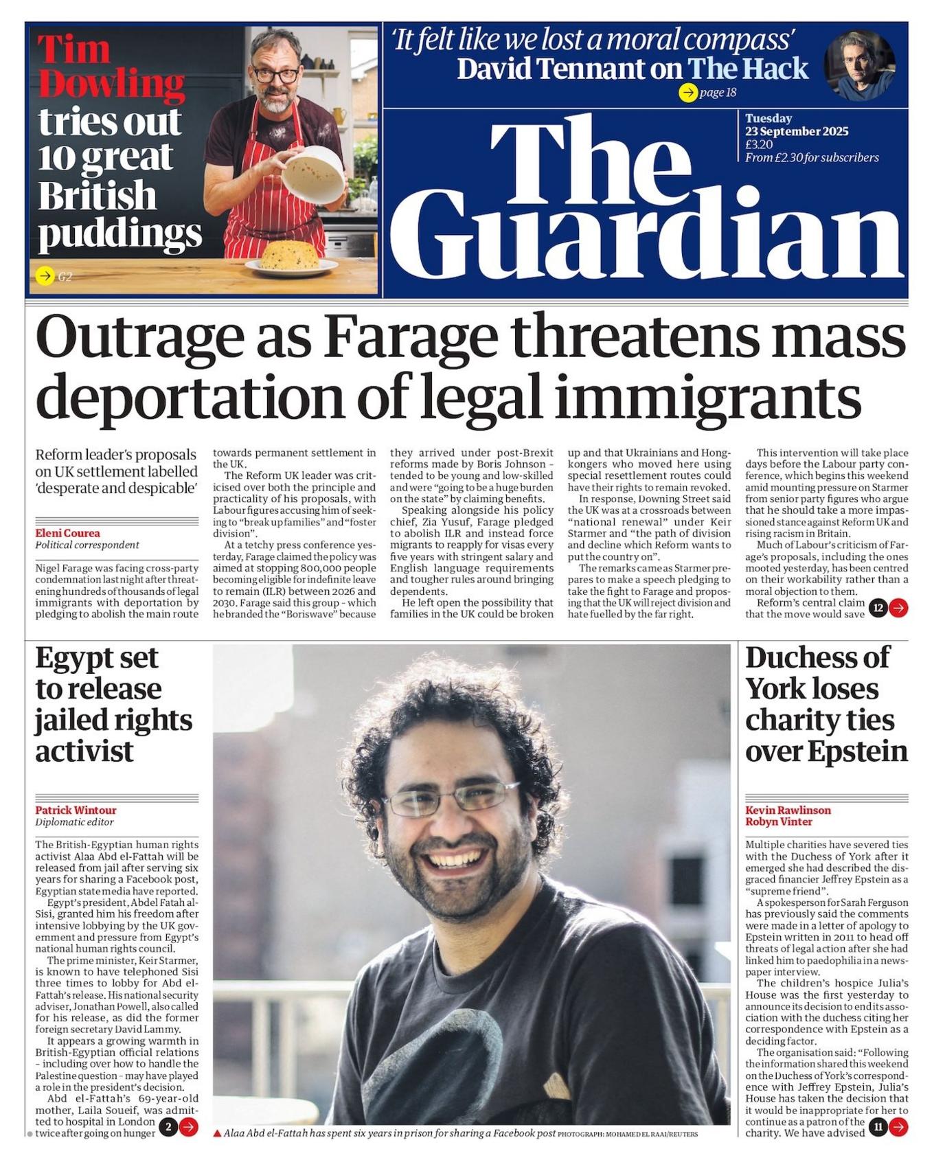 "Outrage as Farage threatens mass deportation of legal immigrants" reads the headline on the front page of The Guardian.
