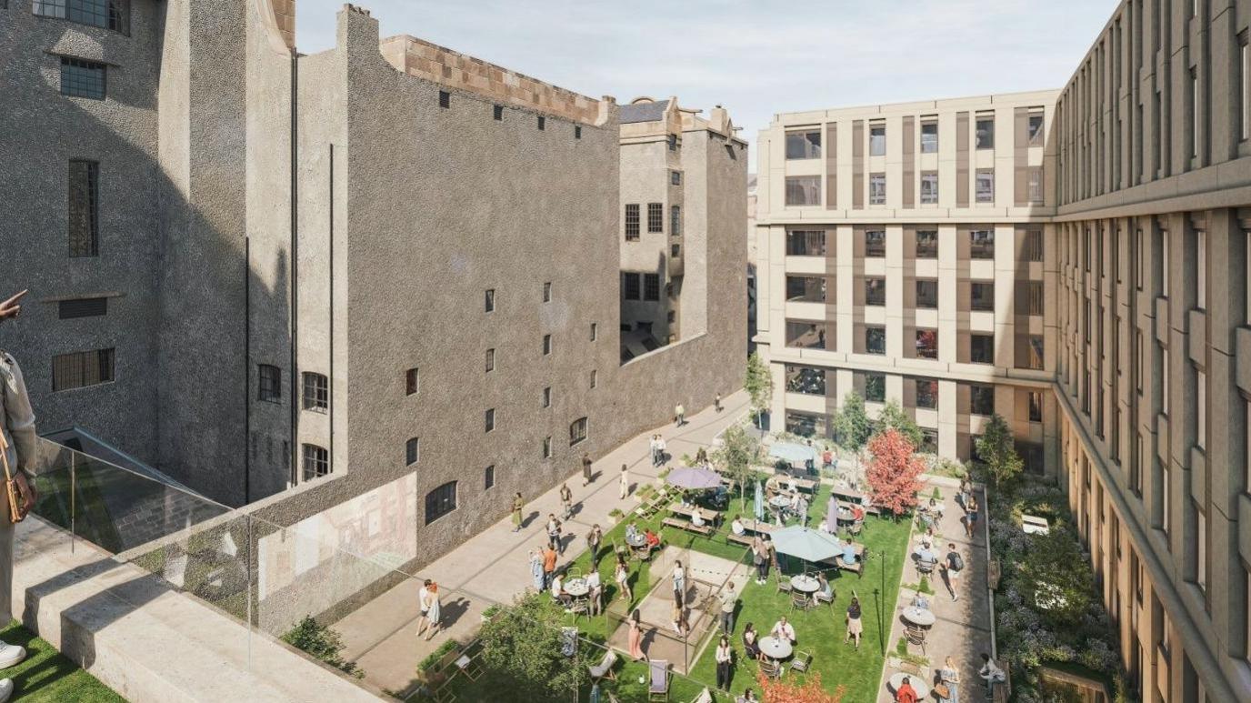 An artist's rendition of the new development. showing people sitting outside in a courtyard
