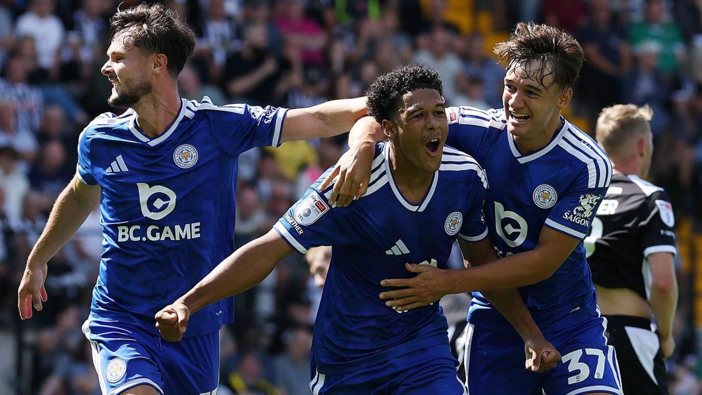 Jayden Joseph (centre) celebrates scoring for Leicester City against Notts County at Meadow Lane in League One