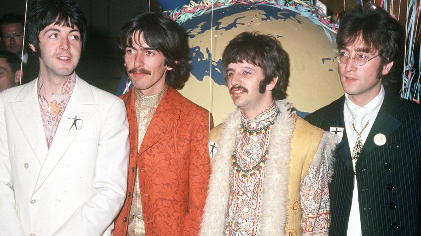 The Beatles: Paul McCartney, George Harrison, Ringo Starr and John Lennon, at a London recording studio in 1967, in jackets and shirts of varying colours and styles