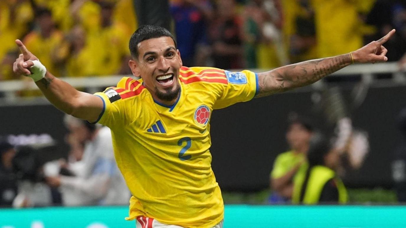 Colombia's Daniel Munoz celebrates after scoring during 2026 World Cup match against DR Congo