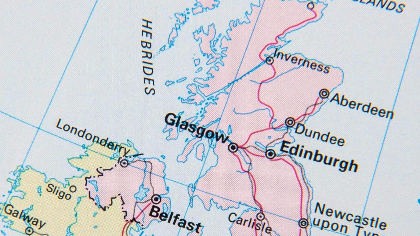 Map of UK and Ireland zoomed in on Northern Ireland and Scotland