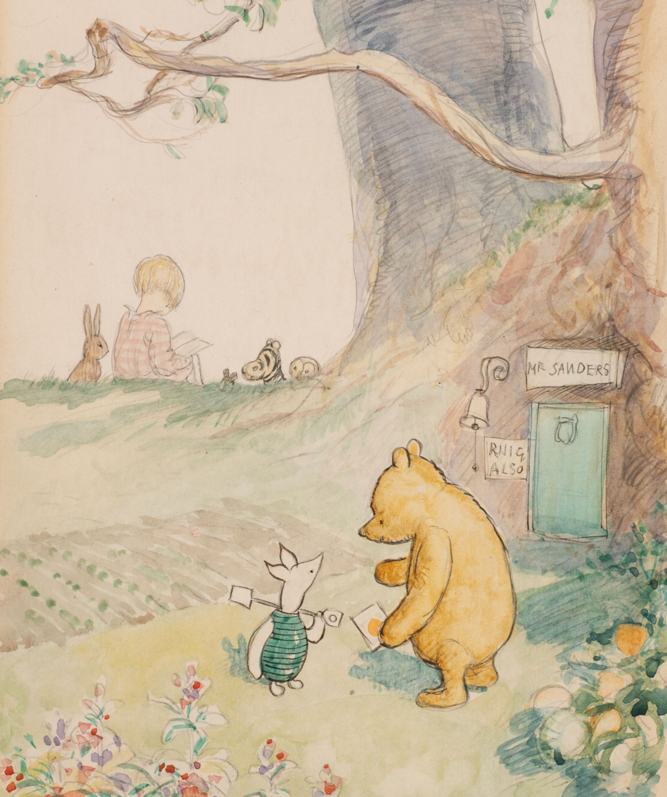Winnie-the-Pooh and piglet speaking in front of a tree doorway with Christopher robin sitting on a hill in the distance.