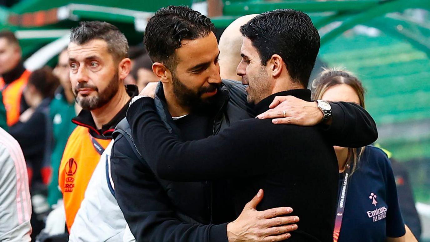 Ruben Amorim and Mikel Arteta embrace last season