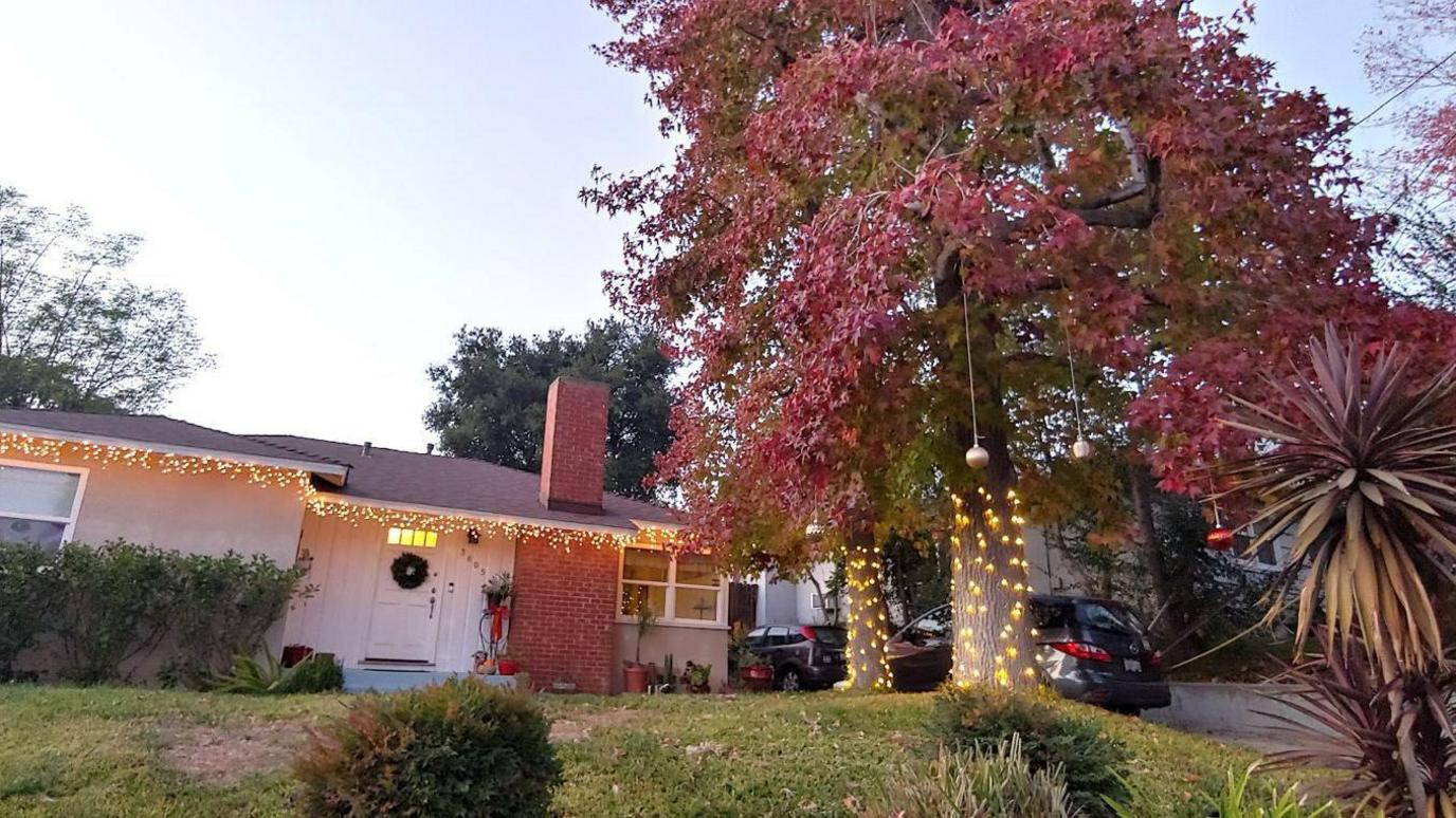 The house is seen lit up with fairy lights and with baubles hanging from a tree.