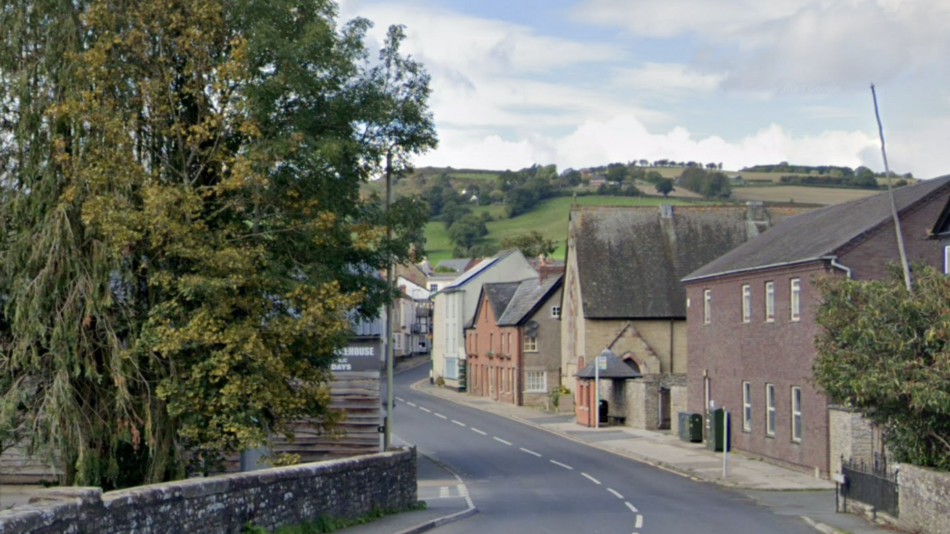 A road winds off into the distance with houses on both sides. In the distance are rolling hills.