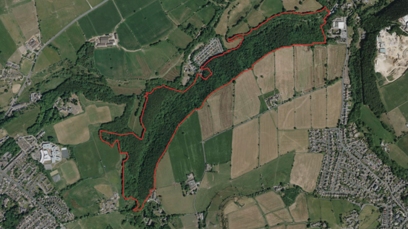An aerial map of swathes of green space with a red outline around a strip of woodland
