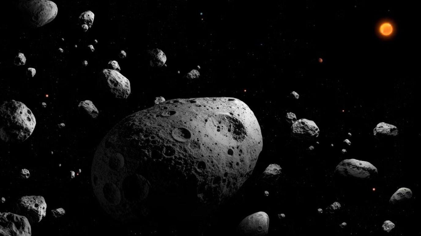 a large grey asteroid surrounded by lots of smaller grey asteroids, with the Sun seen far away in the top right corner of the image