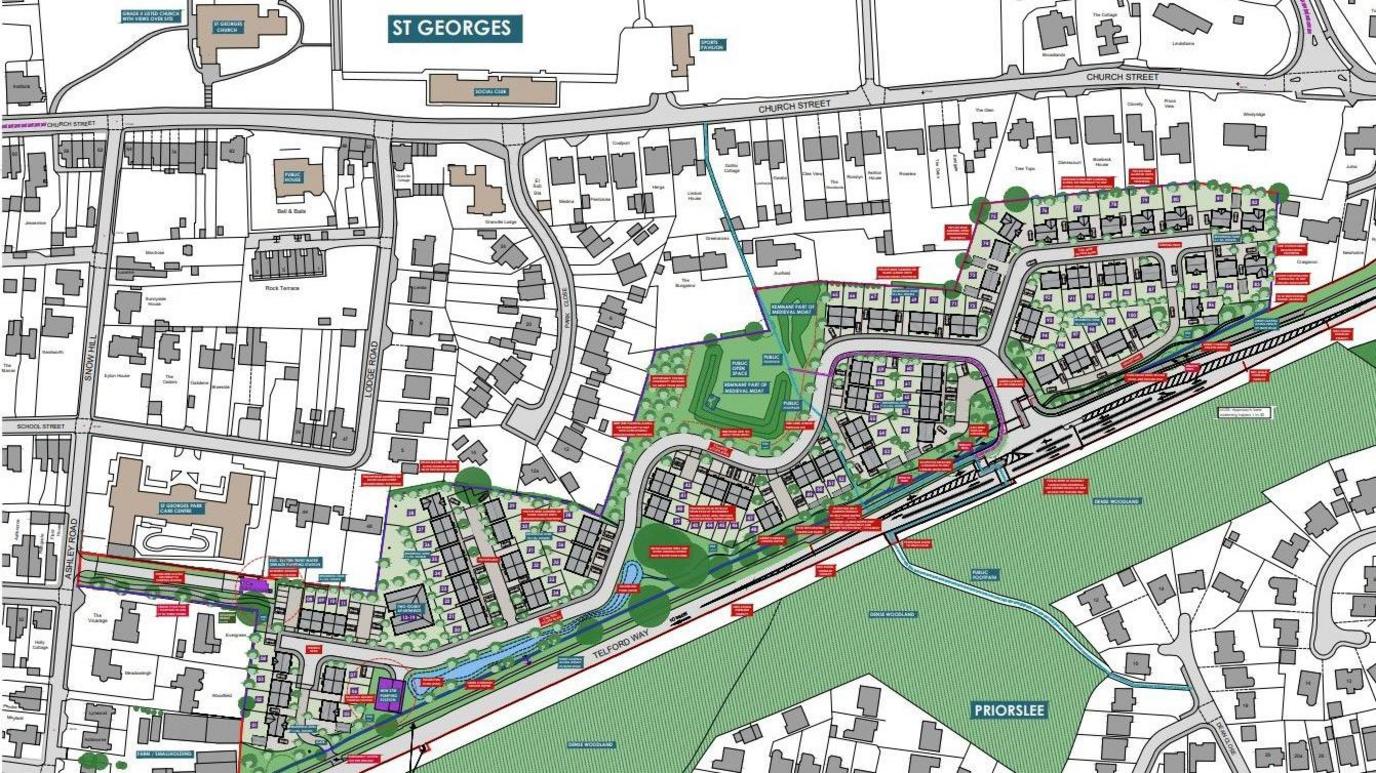 A map of the plans to build 100 homes in St George's, Telford, showing an indicative layout of the site.