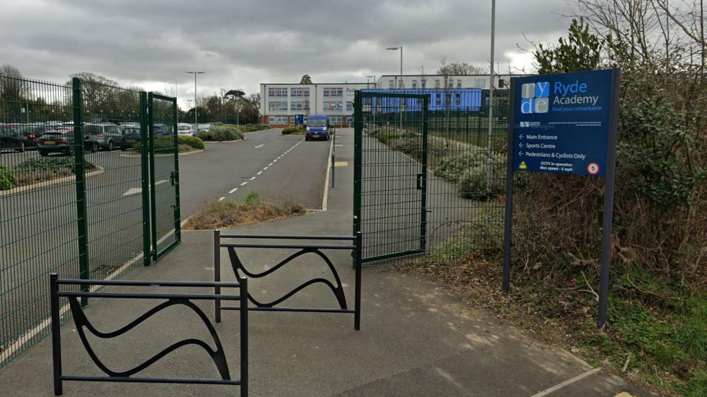 A google maps image of the gates and the front entrance sign of Ryde academy